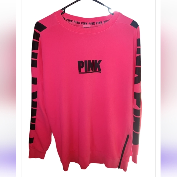 PINK Victoria's Secret Tops - PINK VS Crewneck Sweatshirt w/ Zippers on the Sides Black & Neon Bright Coral